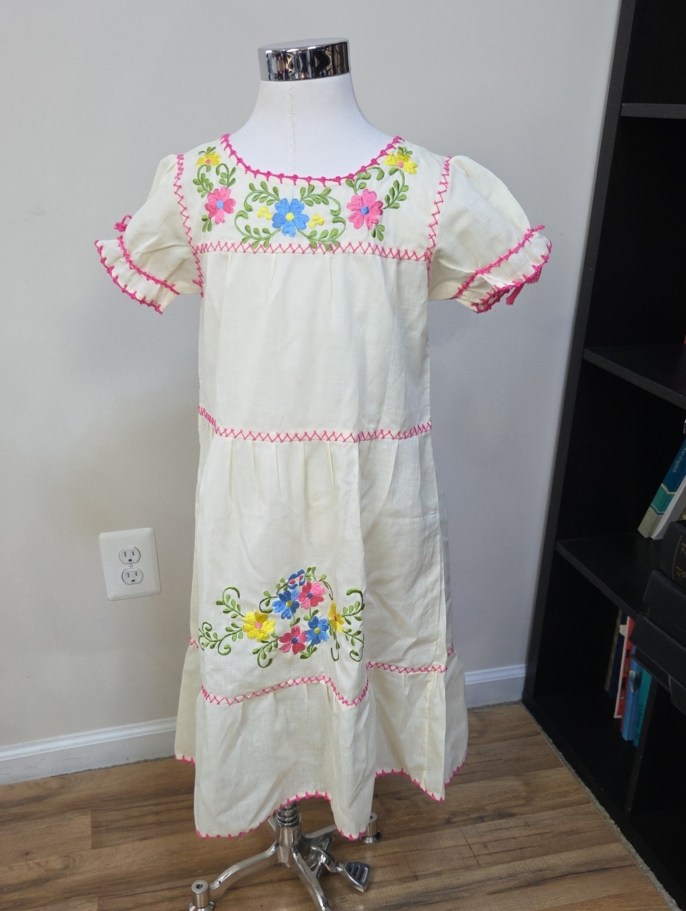 HANDNADE Girls Cream Embroidered Floral Dress with Pink Trim